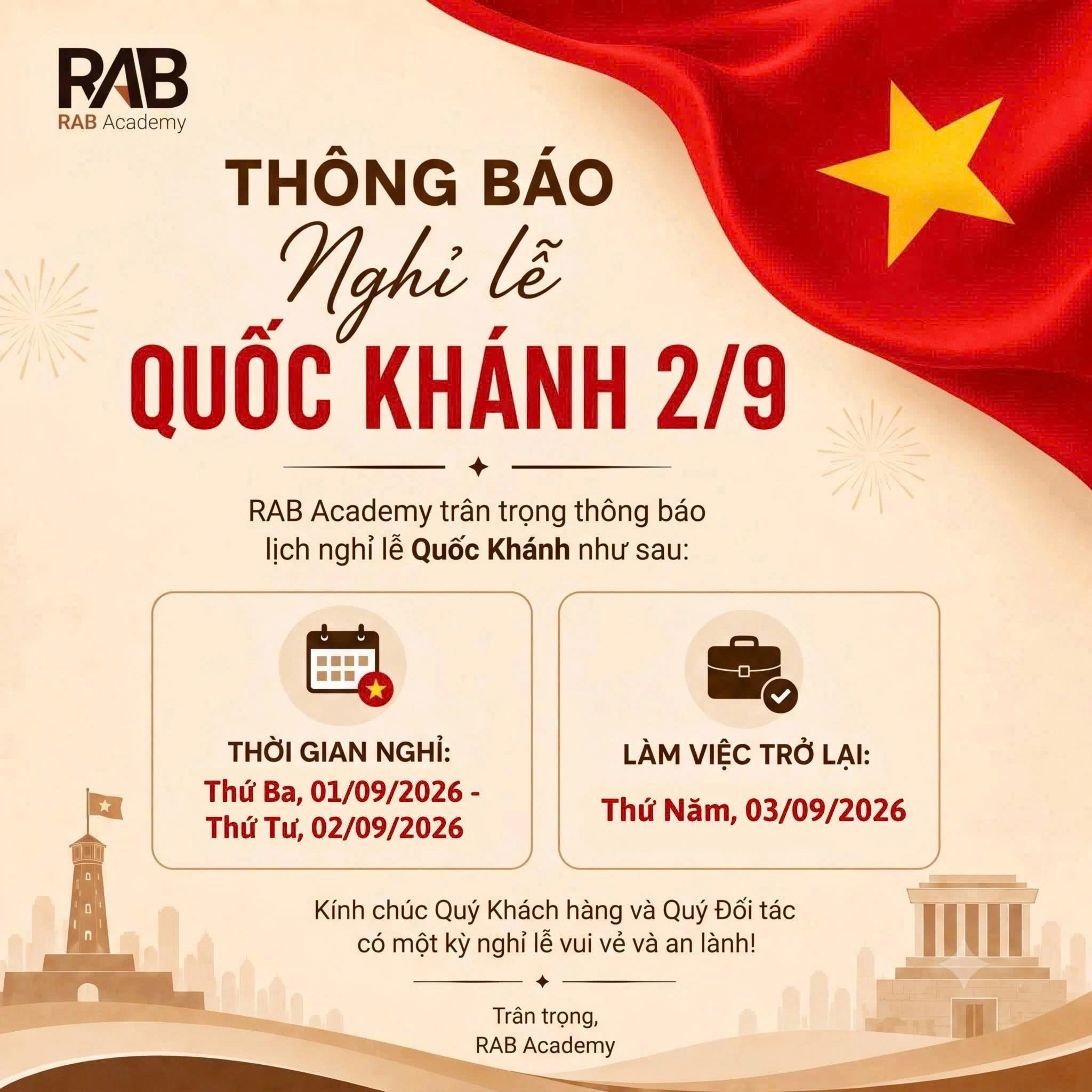 Thông báo nghỉ lễ Quốc Khánh 2/9 - RAB Academy